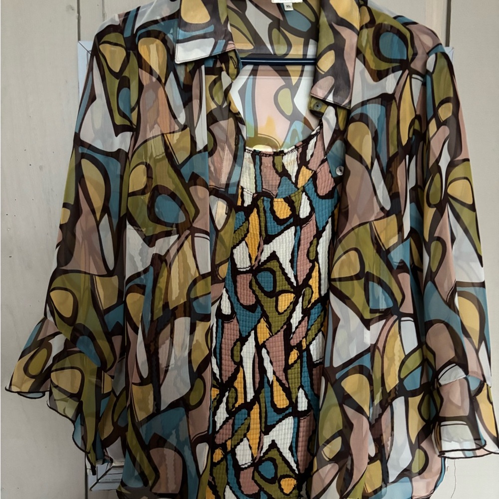 NICOLA Green and Blue Graphic 3/4 Sleeve Blouse